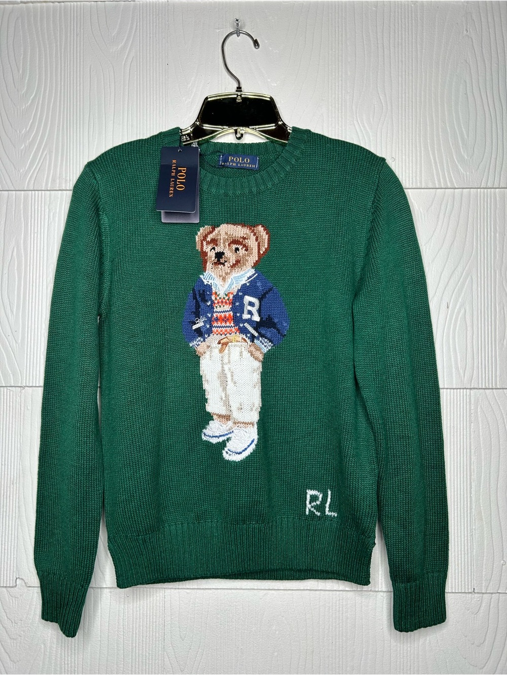 Polo by Ralph Lauren Green Bear Intarsia Crewneck Sweater with RL Monogram